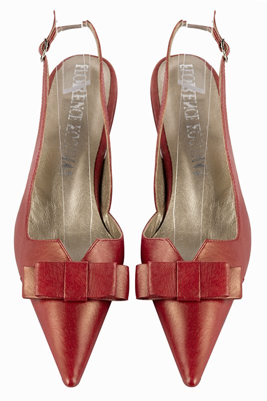 Cardinal red women's open back shoes, with a knot. Pointed toe. Low comma heels. Top view - Florence KOOIJMAN